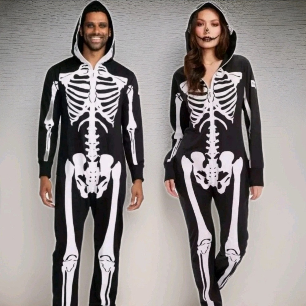 TIPSY ELVES ONE PIECE ZIP UP MASK SKELETON JUMPSUIT Unisex Size Medium HALLOWEEN